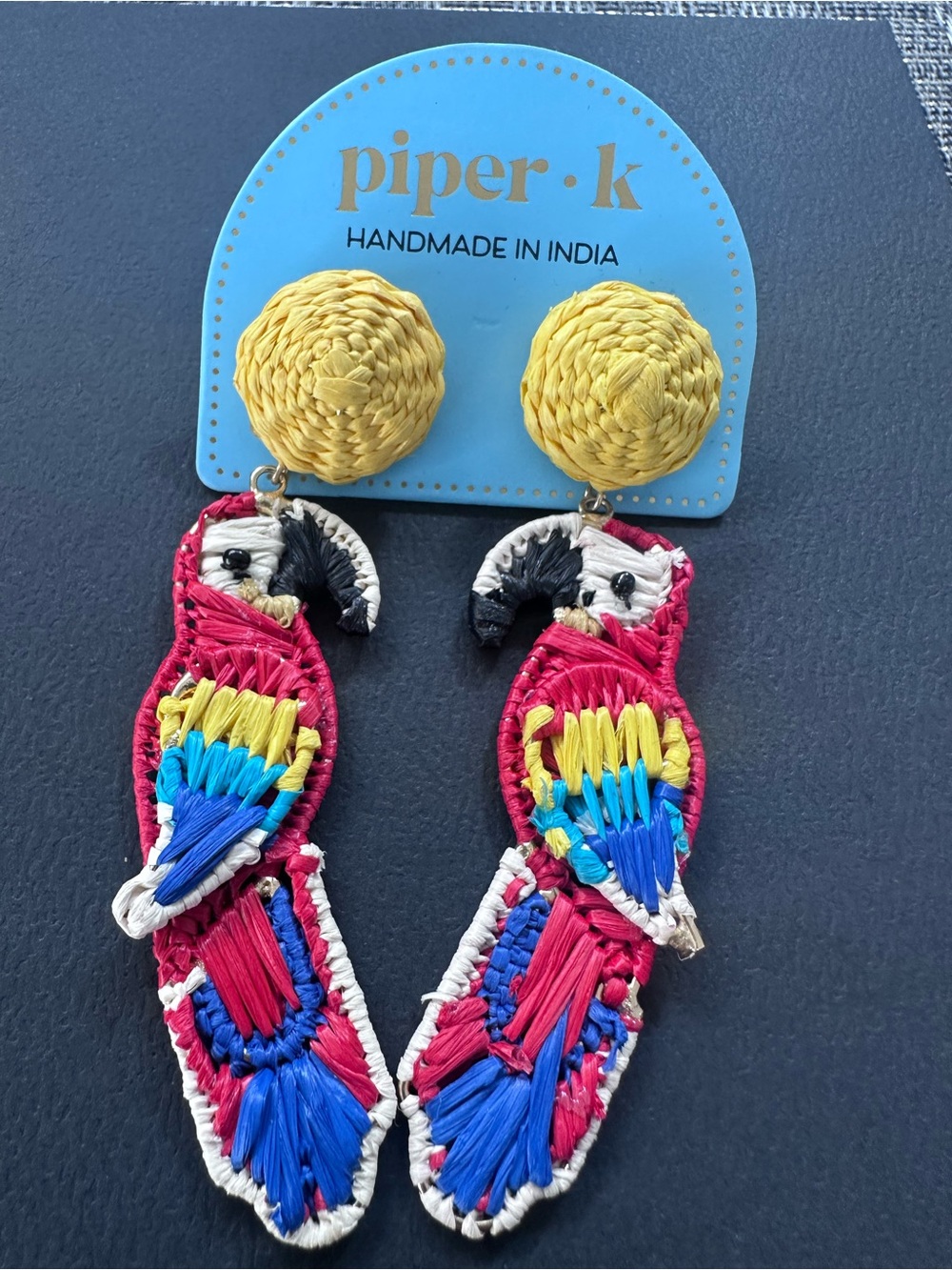 Piper K Yellow Top Multicolor Parrot Raffia Drop Earrings